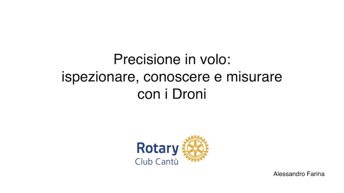 Slide di copertina della presentazione Precisione in volo ispezionare conoscere e misurare con i Droni di Alessandro Farina al Rotary Club Cantù giugno 2026