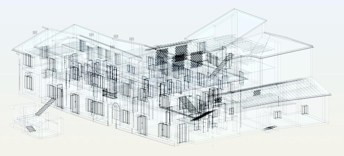 Modello BIM da rilievo architettonico con drone e laser scanner — villa storica nobiliare (Erba, Como)