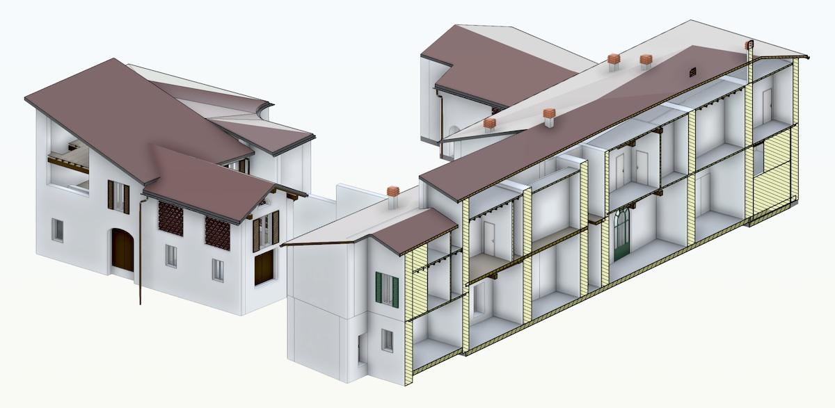 Modello BIM da rilievo architettonico con drone e laser scanner — villa storica nobiliare (Erba, Como)