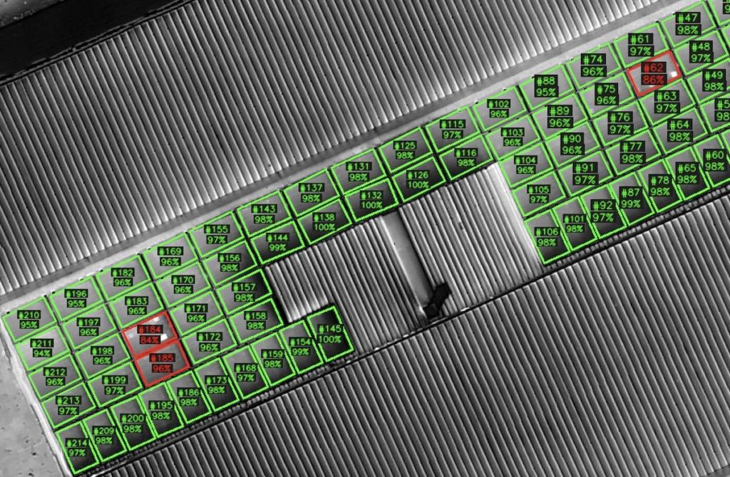 Mappa termografica IA con percentuali di efficienza dei pannelli fotovoltaici, capannone industriale a Siziano (PV)